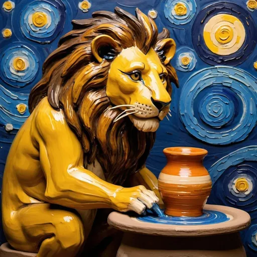 Prompt: a  lion  making pottery on pottery wheel in the style of "The Starry Night" by Vincent van Gogh