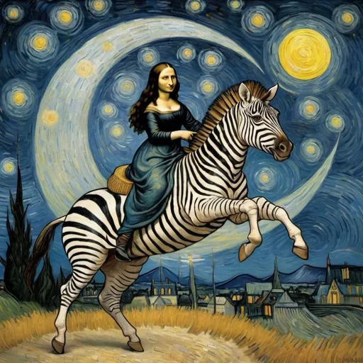 Prompt: Mona Lisa riding a Zebra that is jumping over the Moon  in "The Starry Night" by Vincent van Gogh