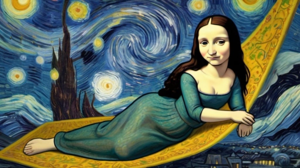 Prompt: "Mona Lisa" flying on a "magic carpet" in "The Starry Night" by Vincent van Gogh