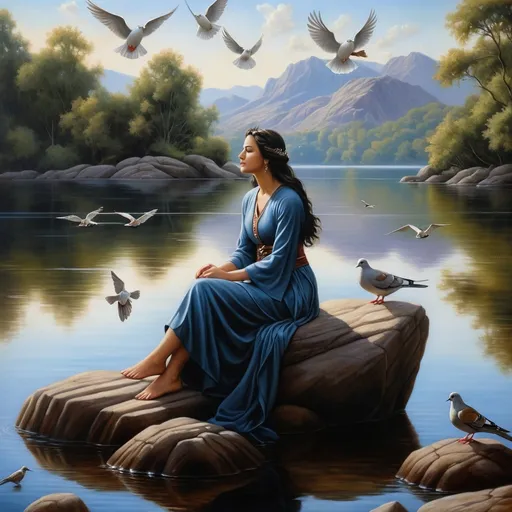 Prompt: a painting of a woman sitting on a rock by a lake with birds flying around her and a dove in the sky, Anne Stokes, figurative art, classical painting, a fine art painting