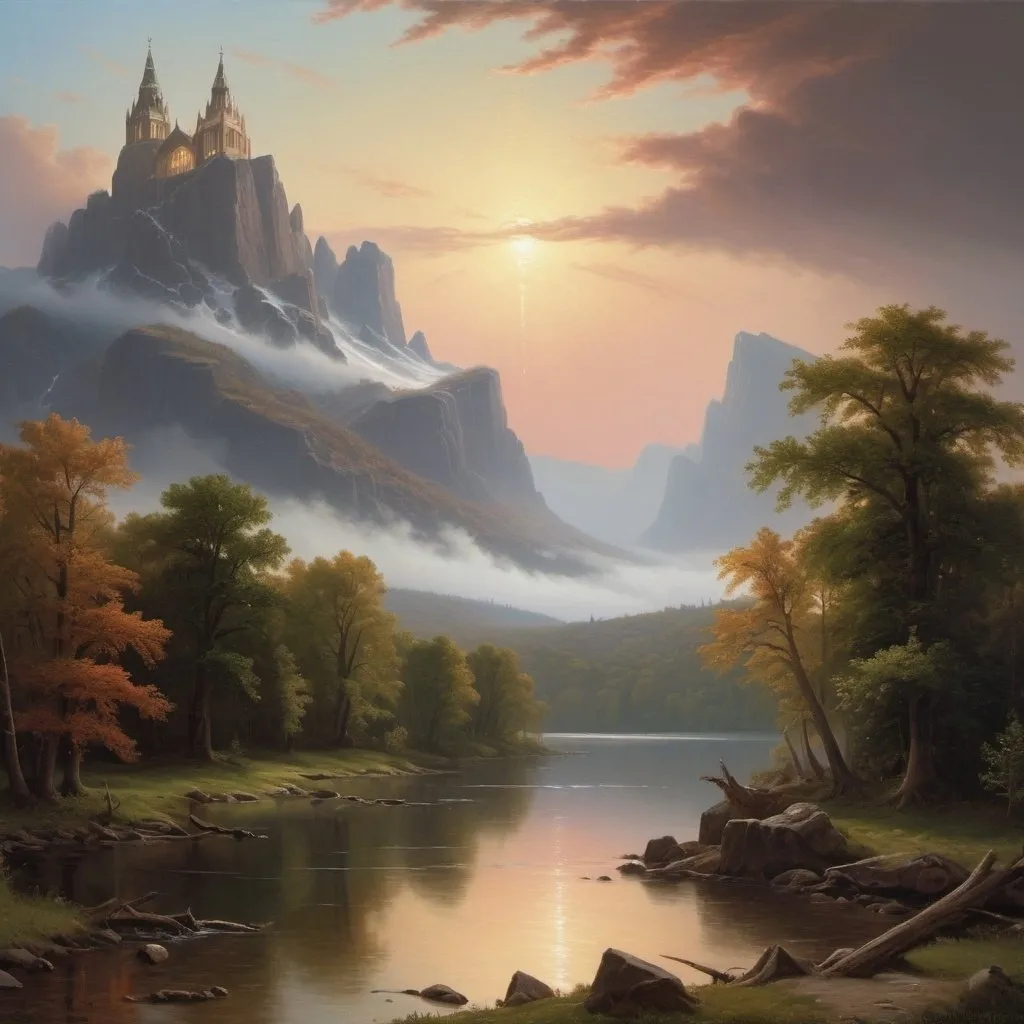 Prompt: Create a UHD, 64K, professional oil painting in the style of Albert Bierstadt, Hudson River School, american scene painting, blending influences from Flemish Baroque and traditional religious iconography, The towering cathedral with its elaborate spires and detailed sculptures dominated the skyline a beacon of faith and artistry, The first faint streak of daybreak appeared on the horizon casting a pale light over the sleeping world.