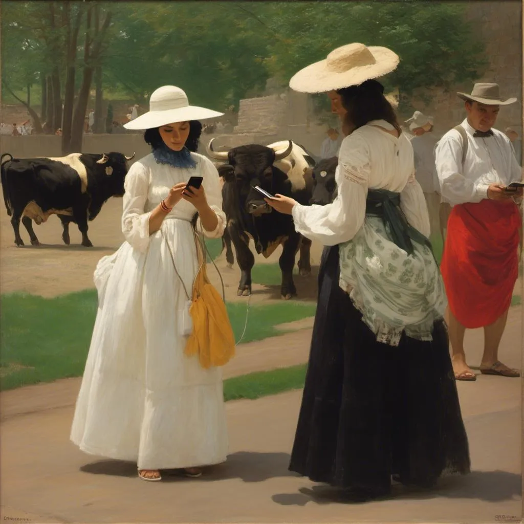 Prompt: three 21-year woman in (( long flower print Empire Dress with a high neck line and white hat))   looking at their phones the ((running of the bulls ))  together, one of them is looking at their phone,  <mymodel>