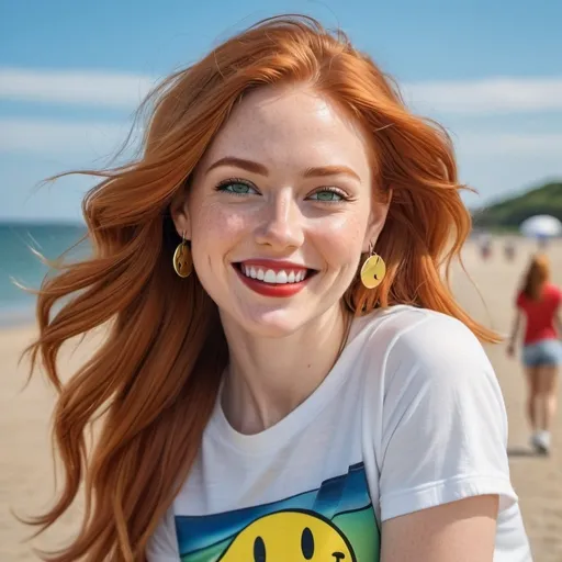 Prompt: photorealistic portrait of a [(27 year-old woman), (cover with dark freckle), (green eyes), (long ginger hair), (red lipstick), (a smile on her face), (earrings with a  SMILEY face on it's earring hooks), (smiley t-shirt), (long blue jean), (red and blue tennis shoes),] on the beach, looking very happy at an attacking UFO