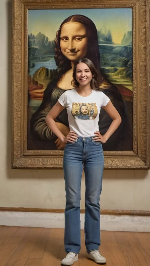 Prompt: a full-length portrait painting,
Mona Lisa,
standing a wood floor
a smile on her face, 
gold-earrings-with-a-smiley-face- ON-them,  
smiley-face-T-shirt, 
long blue jean,
1970s oil painting,

