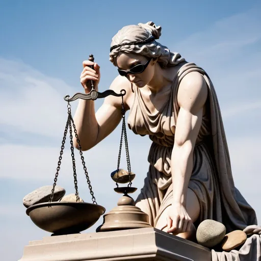 Prompt: Lady Justice, with a blindfold, covers her eyes in a robe and holds scales. One scale has rocks, and the other scale has nothing.