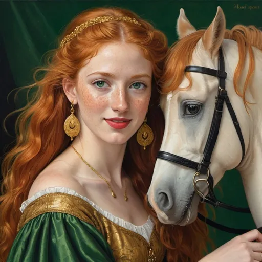 Prompt: a painting of Helen of Troy cover with dark freckle,  green eyes, long ginger hair, red lipstick, on a smile on her face, "gold earrings", renaissance dress, riding on a horse,  academic art, renaissance oil painting, a painting,