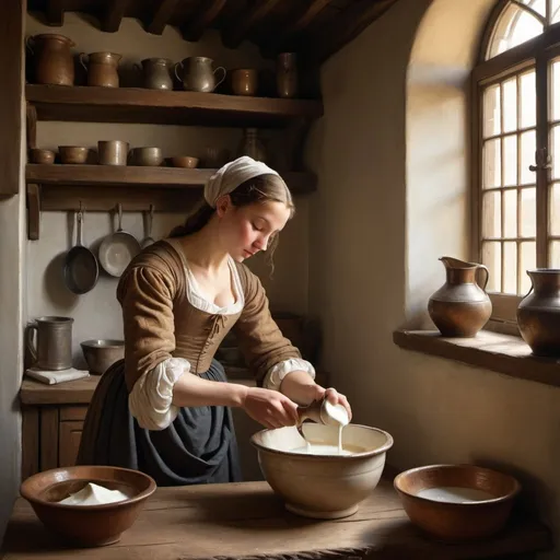 Prompt: A painting of A robust young woman  pouring milk from a pitcher in to a bowl in a humble kitchen, with soft, natural light filtering through a window. The setting is a modest 17th-century Dutch kitchen, with rich, warm hues for the clothing and cool, muted tones for the background, rendered in exquisite realism.