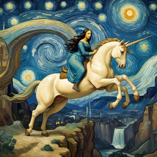 Prompt: Mona Lisa riding a  unicorn that is jumping over a canyon in "The Starry Night" by Vincent van Gogh