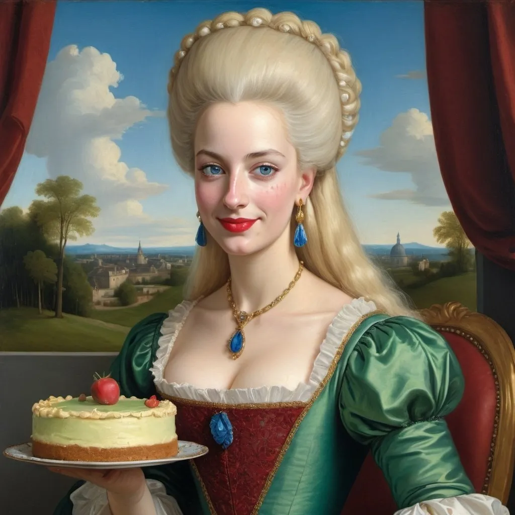 Prompt: a half-length portrait painting  of Marie Antoinette cover with dark freckle blue eyes  long blonde hair red lipstick  on a smile on her face, "gold earrings"  renaissance dress eating cake with a green background and a blue sky, Fra Bartolomeo, academic art, renaissance oil painting, a painting in the style of  Mona Lisa