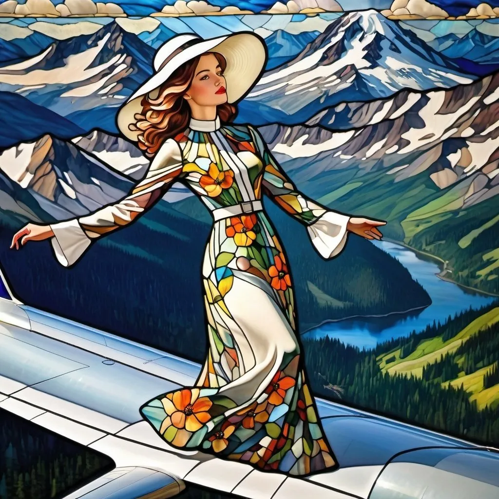 Prompt: a view of something crazy a (( 21-year-old woman in a long flower print Empire Dress with a high neck line and white hat)) is walking on top of the wing of the plane in flight, High Above Mt. Rainier


