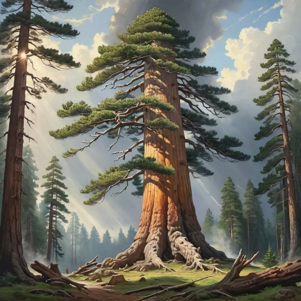 Prompt: a painting of  "The ancient pine, its tall, straight trunk reaching for the sky, had stood through storms and sunshine, a true giant of the forest."
