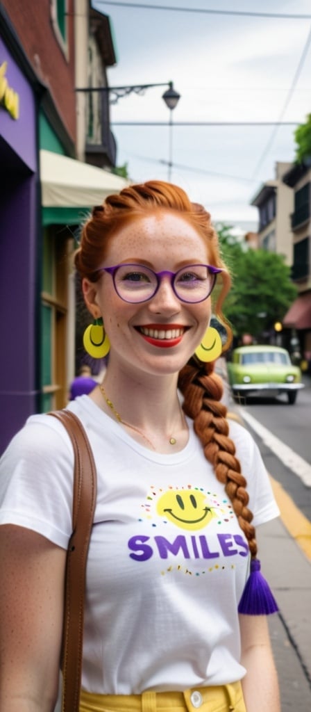 Prompt: portrait of a smiling 27 year-old woman. green eyes. cover with dark freckle. long ginger hair ginger in a French braid.   wearing  red lipstick. purple broad rimmed eyeglasses.  "1970s yellow smiley face earrings,"  and  white t-shirt,  smiles at the camera while standing on a sidewalk, figurativism, 1970s, a character portrait.