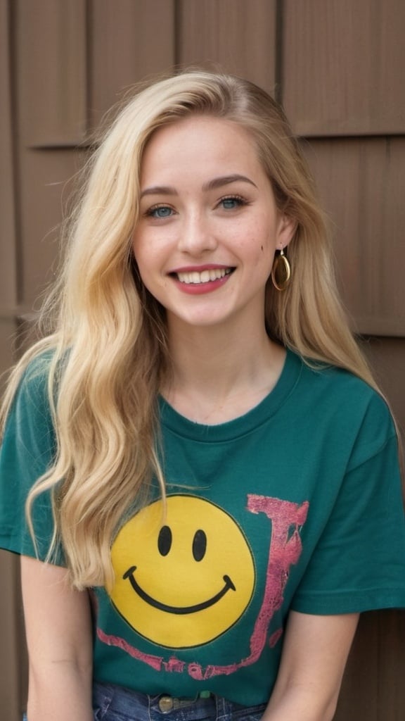 Prompt: a full-length portrait photo,
27 year-old  woman,
cover with dark freckle,
blue eyes,
long blonde hair,
red lipstick,
a smile on her face, 
gold-earrings-with-a-smiley-face- ON-them,  
smiley-face-T-shirt, 
long blue jean,
with a green background and a blue sky,

