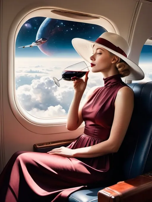 Prompt: a 21-year-old woman in a long flower print Empire Dress with a high neck line and white hat sitting on an airplane seat with a hat on her head drinking red wine,  and a galaxy  in the background with a window, Annie Leibovitz, precisionism, promotional image, an art deco painting  drinking red wine,