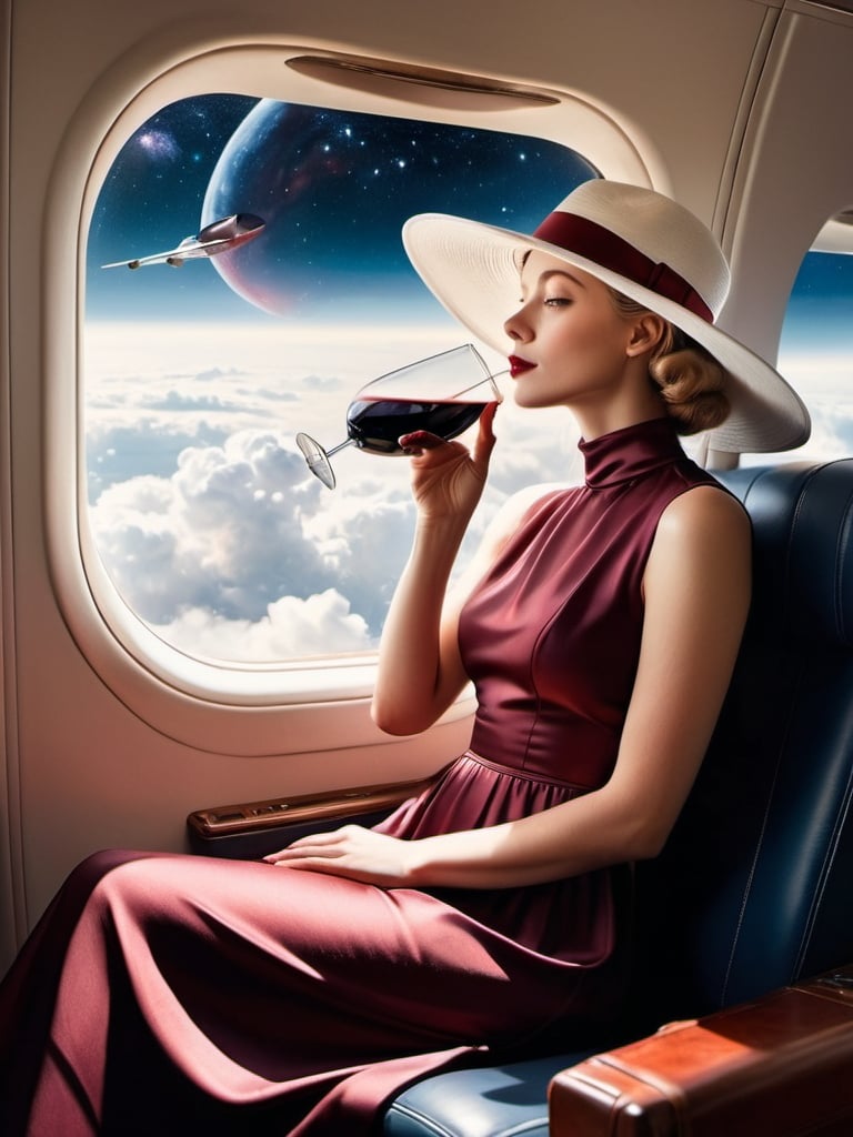 Prompt: a 21-year-old woman in a long flower print Empire Dress with a high neck line and white hat sitting on an airplane seat with a hat on her head drinking red wine,  and a galaxy  in the background with a window, Annie Leibovitz, precisionism, promotional image, an art deco painting  drinking red wine,