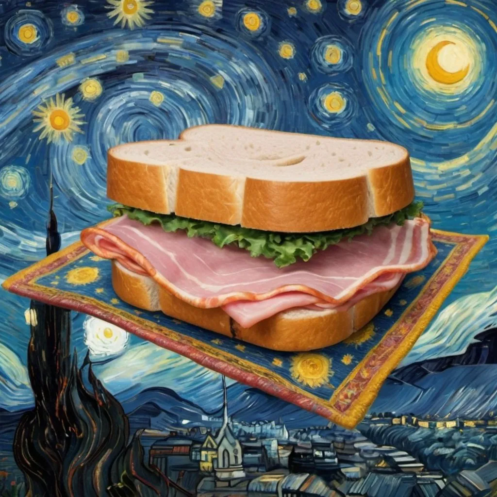 Prompt: A Ham sandwich flying on a "magic carpet" in "The Starry Night" by Vincent van Gogh