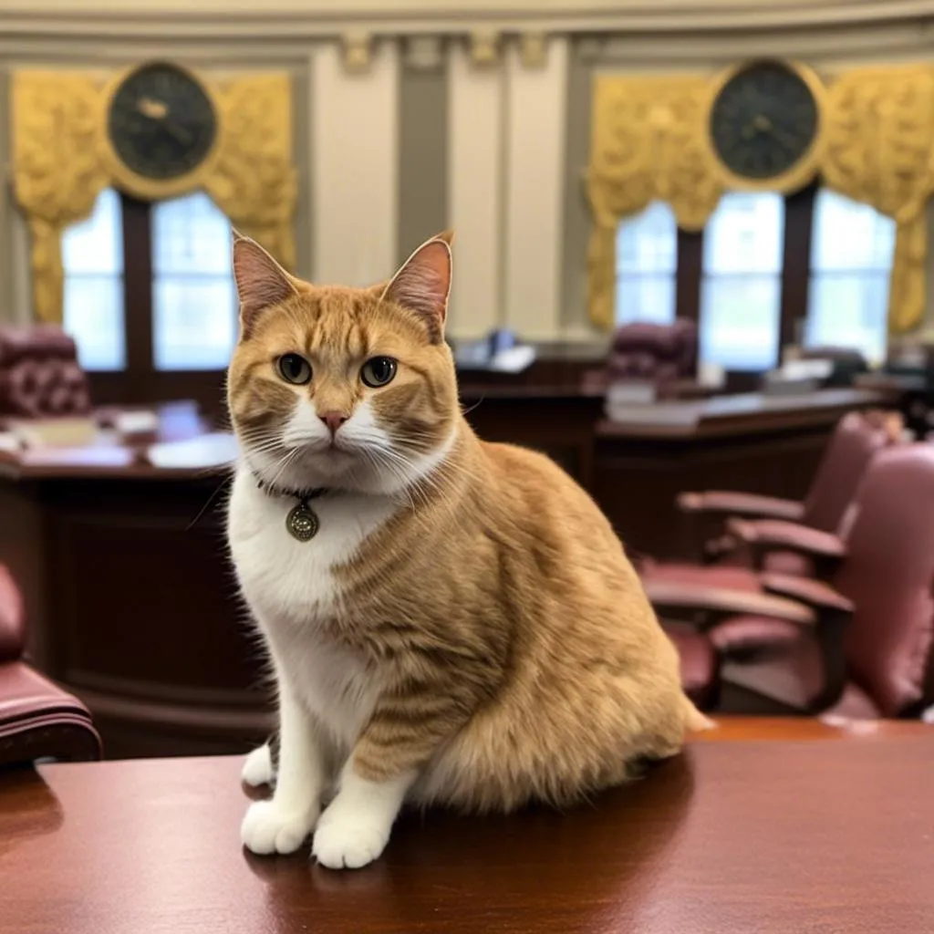 Prompt: <mymodel> A Cat sitting on a legislature's desk during a legislative session.