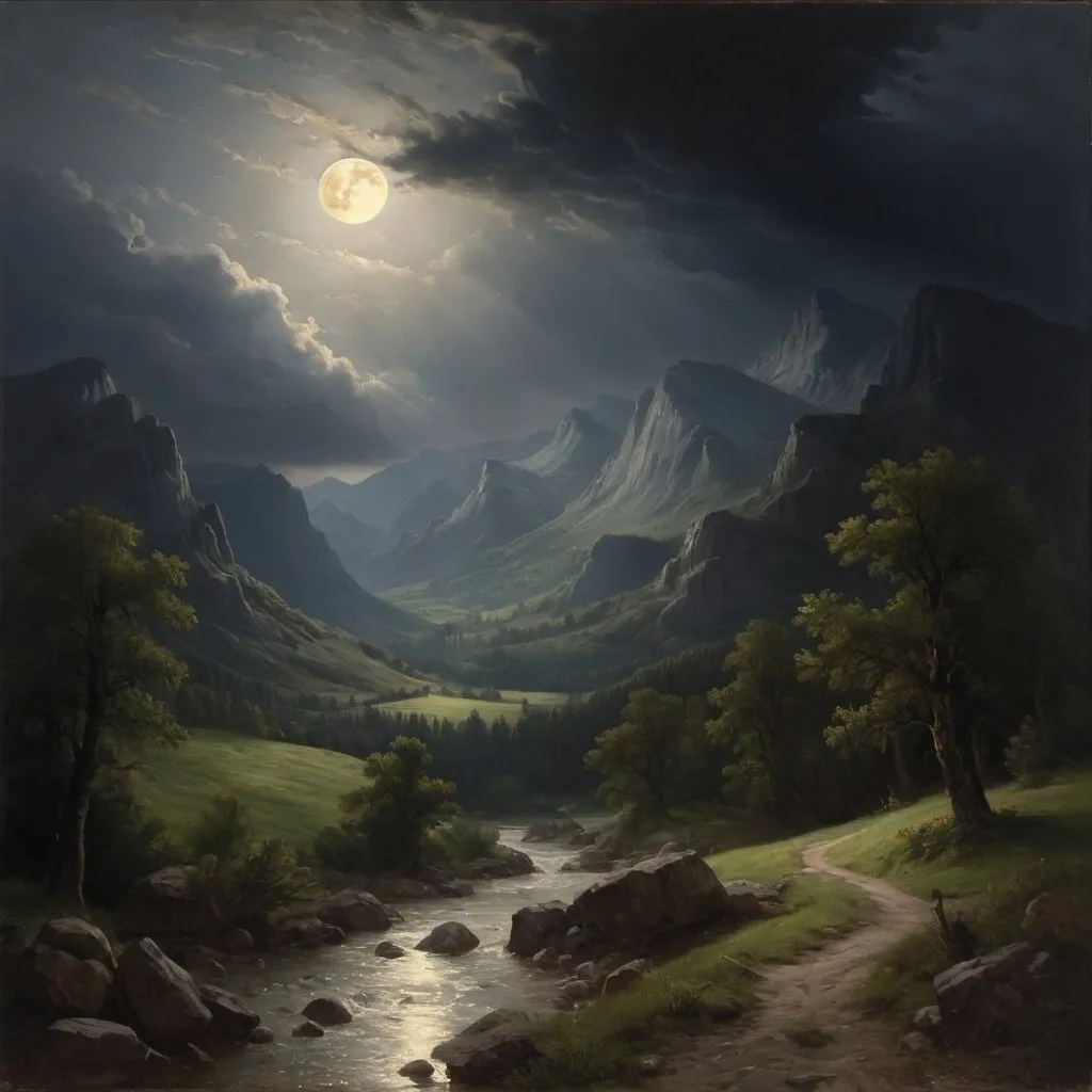 Prompt: Create a UHD, 64K, professional oil painting in the style of Carl Heinrich Bloch, blending the American Barbizon School and Flemish Baroque influences. Depict a It was a stormy night,
The storm roared and rumbled in the mountains,
and the moon had sunk behind the dark summits of the mountains,
 leaving only a dim and uncertain light.
