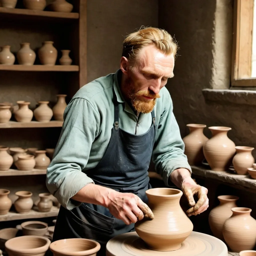 Prompt: Vincent van Gogh making pottery on pottery wheel