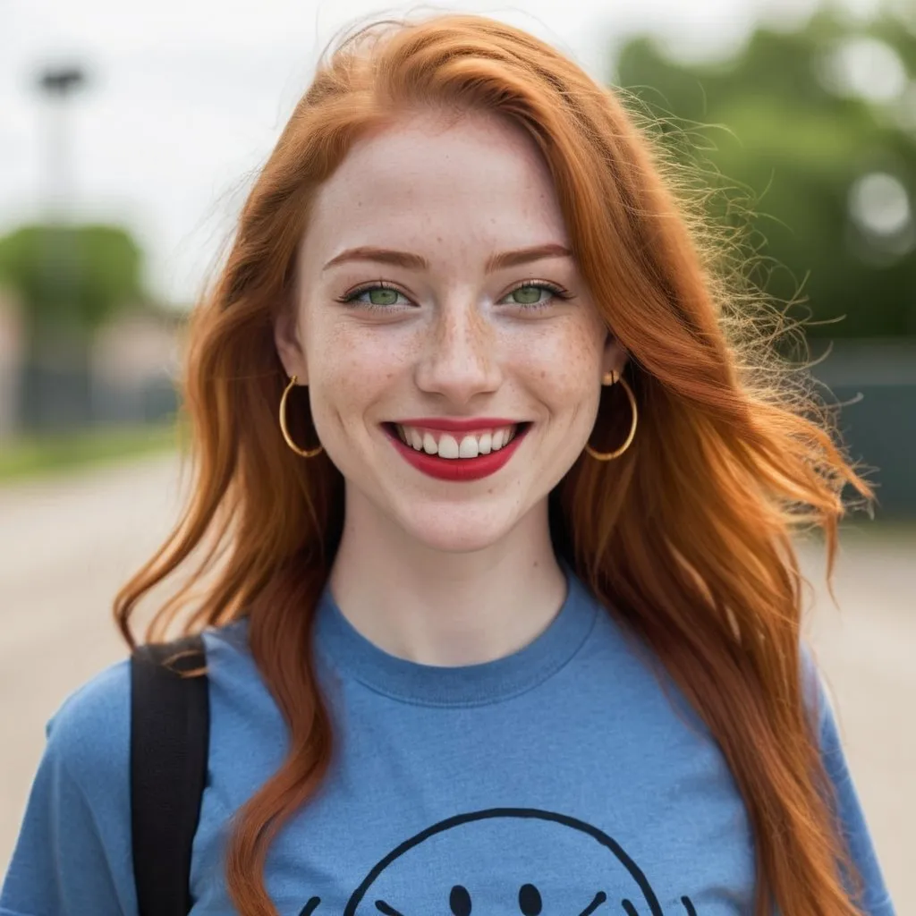 Prompt: a half-length portrait,  
27 year-old woman, 
walking,
cover with dark freckle, 
green eyes, 
long ginger hair, 
red lipstick, 
a smile on her face, 
-smiley-face- gold-earrings,  
smiley-face t-shirt, 
long blue jean, 
red and blue tennis shoes,  
photo 