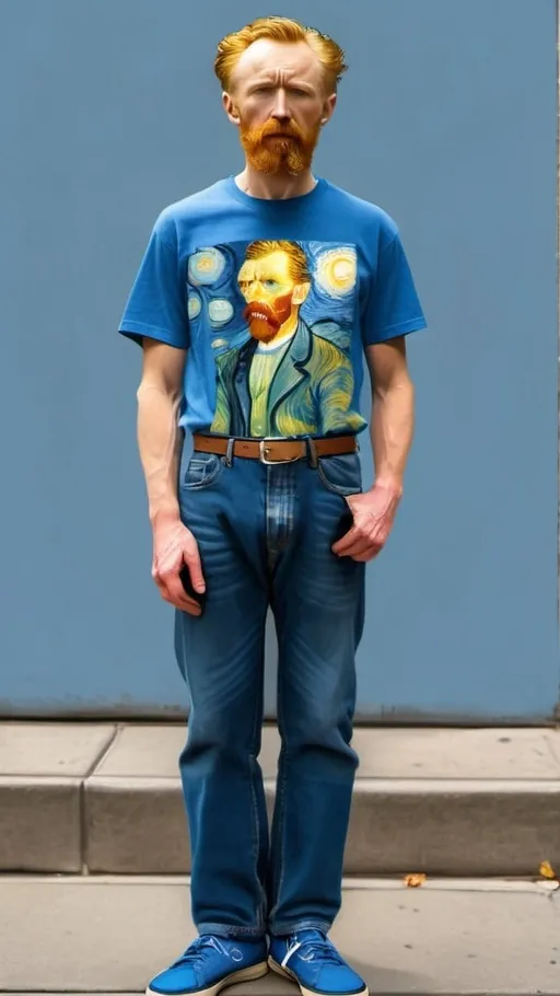 Prompt: a full-length portrait painting,
Vincent van Gogh,
standing on the sidewalk outside the 	Museum of Modern Art  souvenir t-shirt, 
long blue jean,
blue tennis shoes,
oil painting
