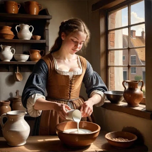 Prompt: A painting of A robust young woman   pouring milk from a "Stoneware Pitcher" in to a bowl, with soft, natural light filtering through a window. The setting is a modest humble 17th-century Dutch  kitchen, with rich, warm hues for the clothing and cool, muted tones for the background, rendered in exquisite realism.