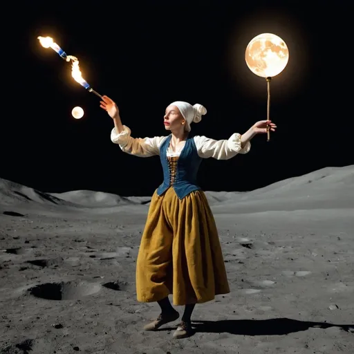Prompt: "the girl with the pearl earring"  juggling torches  while standing on the surface of the moon