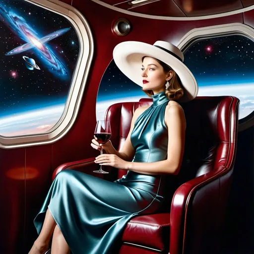 Prompt: a 21-year-old woman in a long flower print Empire Dress with a high neck line and white hat sitting on a spaceship seat with a hat on her head drinking a glass of red wine,  and (( the Andromeda Galaxy))  in the background with a window, Annie Leibovitz, precisionism, promotional image, an art deco painting  