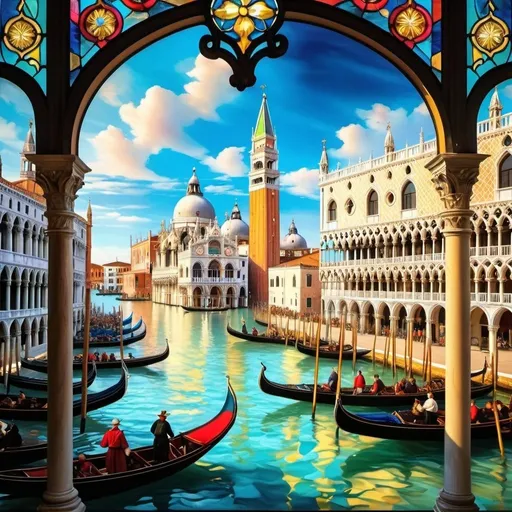 Prompt: Create a vibrant and detailed painting of a bustling Venetian scene reminiscent of Canaletto's style. The composition should include a grand canal filled with gondolas and other boats, showcasing a lively procession or festival. On the left, depict the majestic Campanile di San Marco rising above the scene, and to the right, include the ornate Doge's Palace with its distinctive Gothic architecture. Populate the scene with people dressed in period-appropriate clothing, engaging in various activities such as rowing, conversing, and celebrating. The water should reflect the vivid colors of the boats and buildings, adding to the dynamic atmosphere. Ensure the sky is clear with soft clouds, allowing the sunlight to enhance the architectural details and the festive mood of the scene. Capture the essence of historical Venice, emphasizing its rich culture and lively spirit.
