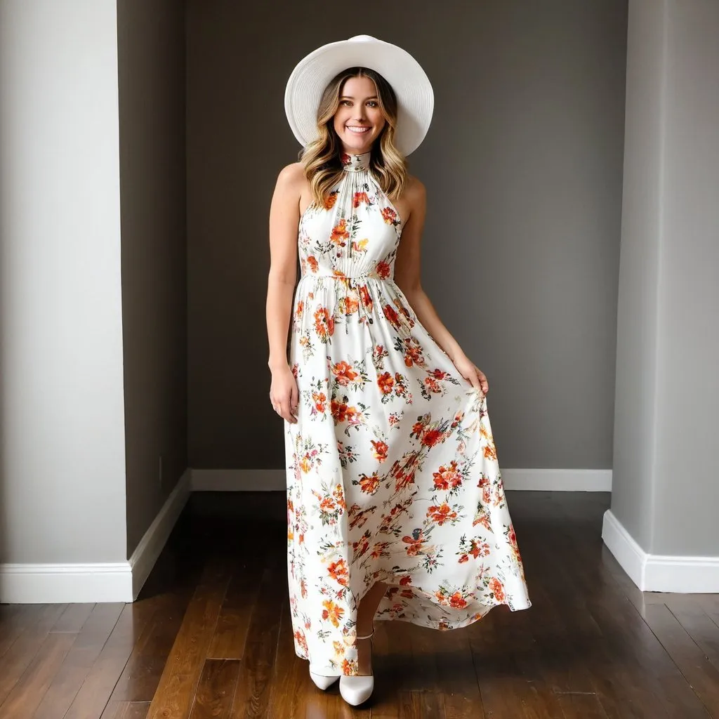 Prompt: happy 27-year-old woman standing on wax wood floor.   in an ankle length  flower print  Empire Dress with a high neck line and white hat,