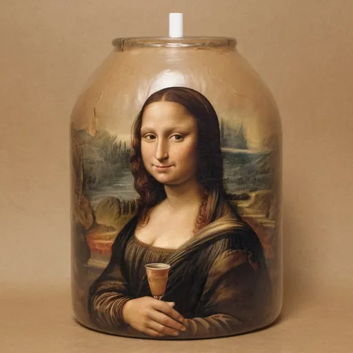 Prompt: Mona Lisa smiling while sipping through  a straw in an open glass bottle in a wrinkled brown paper.