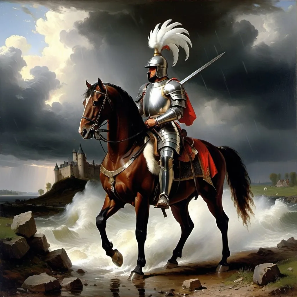 Prompt: The noble knight  his helmet crested with a plume of white feathers  rode forth to battle with a spirit that nothing could daunt, background The Castle was a vast and majestic pile standing on an eminence and commanding the whole of the country around, a dark and stormy night, The storm increased the thunder rolled and the rain continued to beat with unabated fury, Andreas Achenbach, american scene painting, Albert Bierstadt, an oil painting