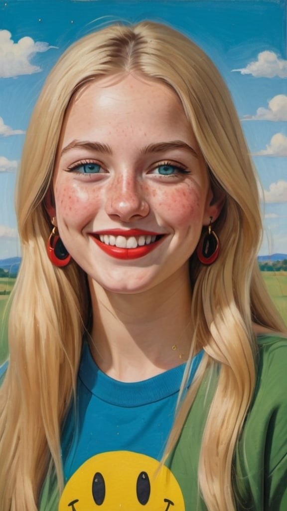 Prompt: a full-length portrait painting,
27 year-old  woman,
cover with dark freckle,
blue eyes,
long blonde hair,
red lipstick,
a smile on her face, 
black-smiley-face- ON-gold-earrings,  
smiley-face-T-shirt, 
with a green background and a blue sky,
1970s oil painting,
