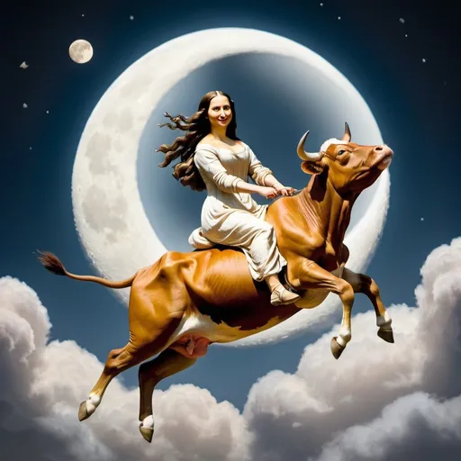Prompt: Mona Lisa riding a cow that is jumping over the Moon.