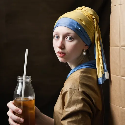 Prompt: "the girl with the pearl earring" drinking through a straw stuck in "an open glass bottle that is wrap in a brown paper."