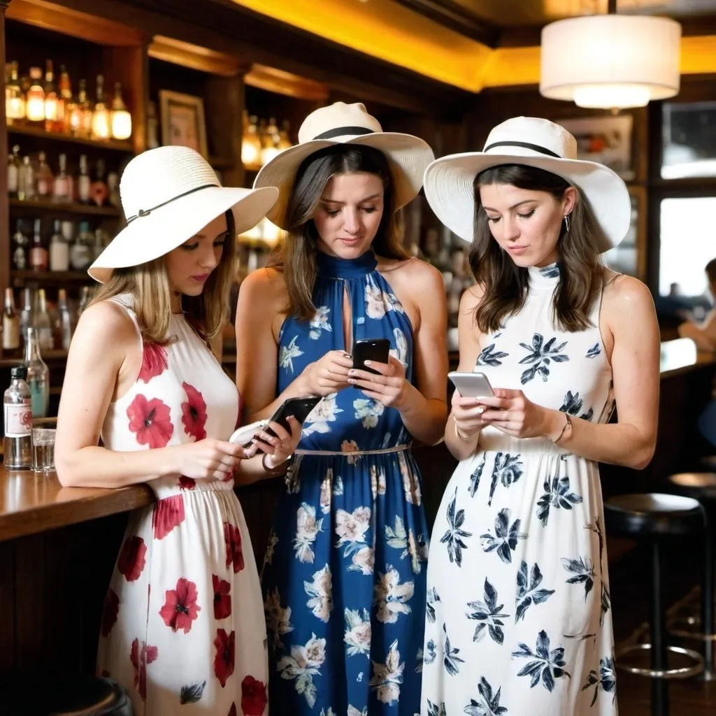 Prompt: three 21-year woman in (( long flower print Empire Dress with a high neck line and white hat))   looking at their phones in a bar together, one of them is looking at their phone, 