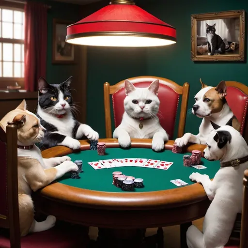 Prompt: Cats playing poker with the dogs playing poker