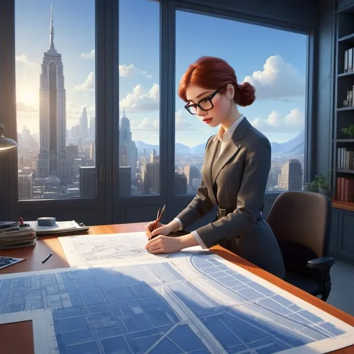 Prompt: painting of a woman drawing a blueprint as she is working as  an architect designing a skyscraper in an office , 
precisionism, 
giantess art, 
a realistic painting.
 UHD, 64K