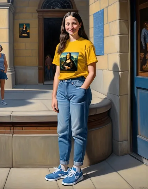 Prompt: a full-length portrait painting,
Mona Lisa,
standing on the sidewalk outside the 	Globe Theatre, 
smiley face  t-shirt, 
long blue jean,
blue tennis shoes,
academic art, renaissance oil painting