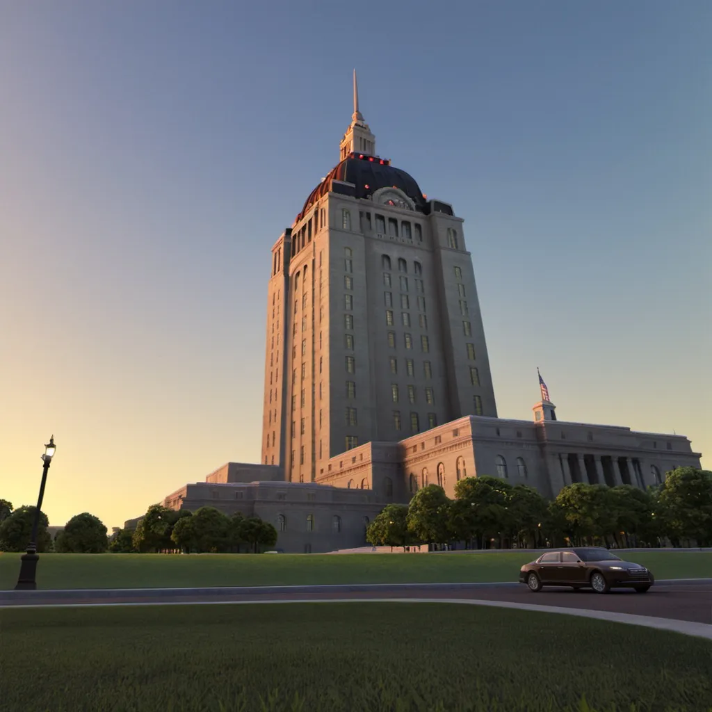 Prompt: Louisiana State Capitol is  tall building with a it's tower and a street light in front of it  modern art deco looking like many empire state building  