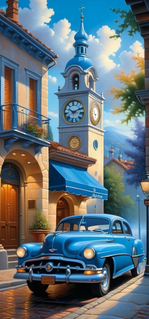 Prompt: a painting of a blue car parked on a street with a clock tower in the background and a blue awning, Evgeny Lushpin, american scene painting, kinkade, an ultrafine detailed painting