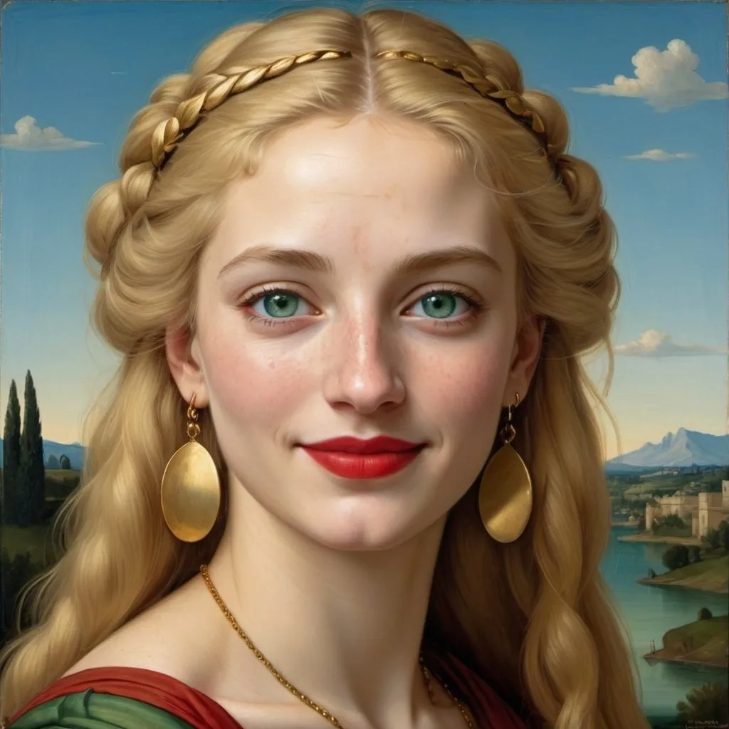 Prompt: a painting of Helen of Troy cover with dark freckle blue eyes  long blonde hair red lipstick  on a smile on her face, "gold earrings" with a green background and a blue sky, Fra Bartolomeo, academic art, renaissance oil painting, a painting in the style of  Mona Lisa