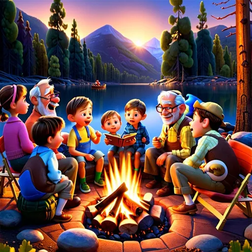 Prompt: Painting of a grandfather.,
Telling stories by a campfire.,
Surrounded by five young grandchildren.