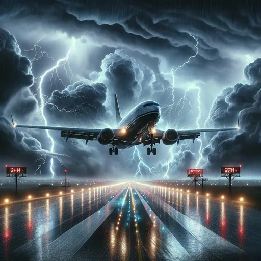 Prompt: Create a UHD, 64K, professional oil painting in the style of Carl Heinrich Bloch, blending the American Barbizon School and Flemish Baroque influences. Depict a commercial airplane making a daring landing in the midst of a fierce storm. The scene is filled with dark, tumultuous clouds, illuminated by flashes of lightning that starkly contrast against the night sky. Sheets of rain cascade down, obscuring the view yet highlighting the determination of the aircraft. The runway, slick and reflective with rainwater, is lined with the guiding lights that lead the plane to safety. The airplane, with its landing gear extended, is angled towards the ground, fighting against the powerful gusts of wind. The airport's control tower stands in the background, its lights barely visible through the downpour. The entire scene is charged with tension and drama, capturing the skill and bravery of the pilots as they navigate through the storm.