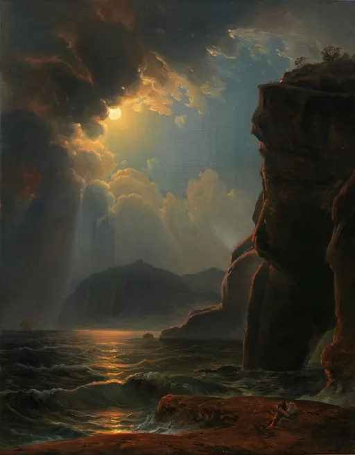 Prompt: a painting of a rocky cliff with a body of water below it and a sunbeam in the sky, Fitz Hugh Lane, hudson river school, moonlight, a painting