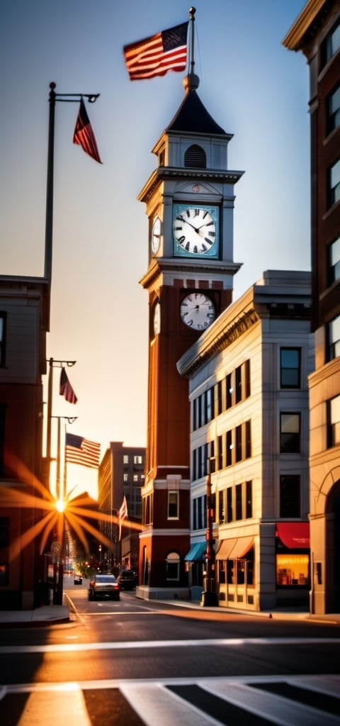 Prompt: a clock tower in the middle of a city street at sunset with a flag on the corner of the building, Everett Warner, regionalism, award-winning photograph, a tilt shift photo