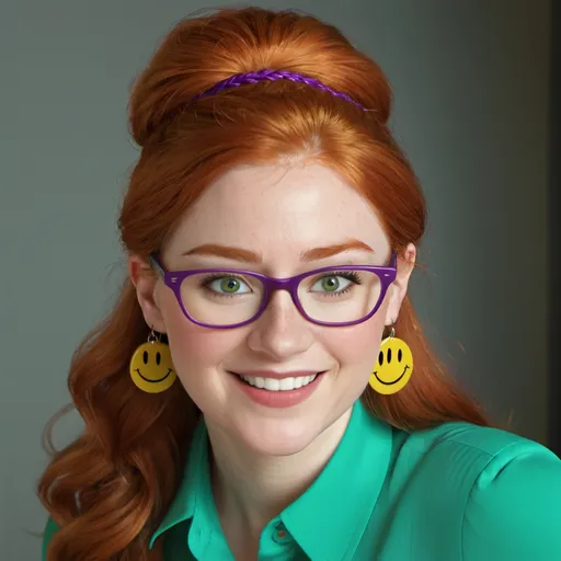 Prompt: 25-year-old woman with earrings 1970s smiley face yellow, green eyes. cover with dark freckle. long ginger hair ginger in a French braid. wearing lipstick red. broad rimmed eyeglasses purple .  yellow blouse, blue  slacks, photo, professional photo. Studio lighting, backlit, realistic lighting. hdr uhd 8k ultra-realistic render, 