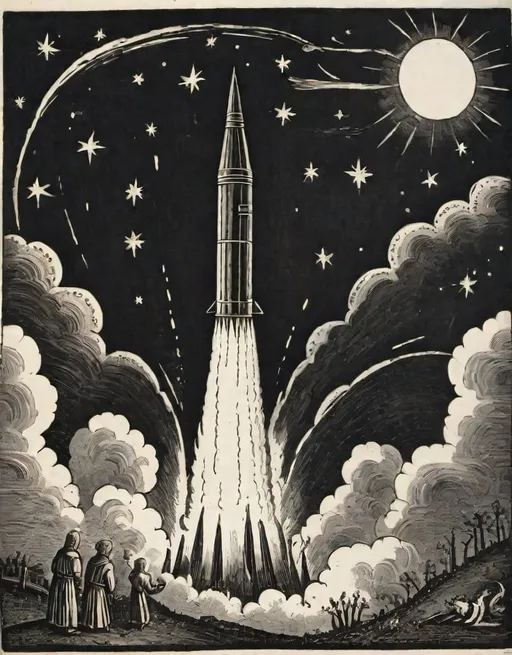 Prompt: a  black and white 12th century wood cut print of a rocket is being launched on a clear night with fire and smoke billowing out of it's back end,
12th century wood cut print

