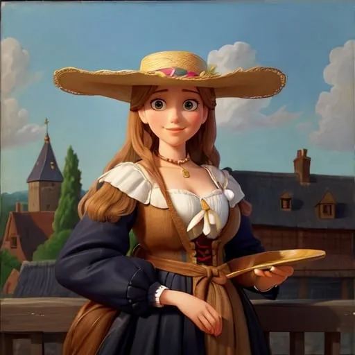 Prompt: a painting of a woman in a hat holding a flat wooden painting pallet with dollops of paint on it and a long feathered hat on her head, Élisabeth Vigée Le Brun, rococo, painting, a painting

Self-portrait in a Straw Hat (French: Autoportrait au chapeau de paille, Dutch: Zelfportret met strohoed) Self-portrait in a straw hat can be seen primarily as a study of the effect of light, in the spirit of Rubens. Partly because her eyes fall into the shadow of the hat, the viewer's gaze is immediately drawn to the neck lit from below, which widens into her central décolleté. In the other parts of the work she manages to reintroduce the brilliant shine of directly reflected natural light into the spirit of her great example. She shows herself in the open air against a cloud-moving, but calm sky, which contrasts particularly in the colour composition with the multi-coloured depiction of herself as a painter. More than Rubens, who places a strong emphasis on the chest of his model, she portrays herself as a complete, emancipated personality (wikipedia)