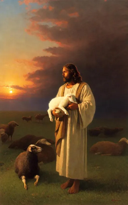 Prompt: a painting of Jesus holding a lamb in a field of sheep with the sun setting behind him and a shepherd standing in the grass, 
<mymodel>
